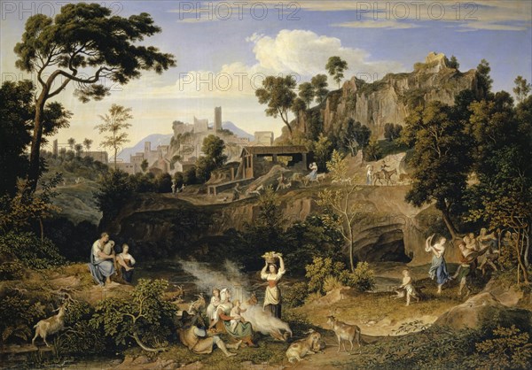 Landscape near Olevano with train of dancing peasants, 1823/1824, oil on canvas, 58.4 x 82.5 cm, monogrammed lower right: I. K., Joseph Anton Koch, Obergiblen bei Elbigenalp (Lechtal) 1768–1839 Rom