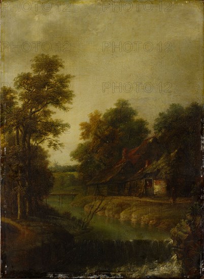 Farmhouses on a river with a water level, oil on oak wood, 48 x 35 cm, not marked, Cornelis Gerritsz. Decker, ? um 1620–1678 Haarlem