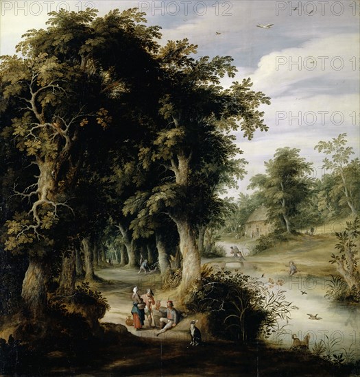 River landscape with oak forest, oil on oak wood, 102 x 97.5 cm, Monogrammed on the barrel of the group: .AF., [, Ligated, ], Alexander Keirincx, Antwerpen 1600–1652 Amsterdam, Ambrosius II. Francken, Antwerpen um 1590–1632 Antwerpen
