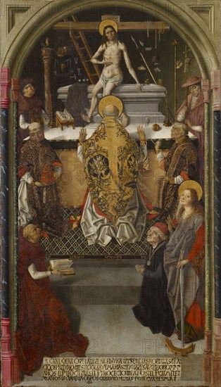 The Gregory Mass with a donor, c. 1480-1500, mixed technique on fir wood, 129.5 x 74.5 cm, unsigned., Lower indentation: CVAL QERA Q [E] DELA [N] TE DESTA FIGVRA DICHERE LAS RODILLAS I [NF] RA, CI [N] CO PATERNOSTRES E CI [N] CO AVEMARIAS TERNA DESAT [ARÁ] GRIGORIO XXX, AN [, N] OS EL P [A] P [A] LEO [N] CIE [N] DIAS EL P [A] P [A] INOCECIO [sic] IIII AN [N] OS EL P [A] P [A] CLEME, [N] TE, VI AN [N] OS E CVARENTA OB [IS] POS CADAVNO XL DIAS E VNA CVARESMA, Fernando Gallego, (?), Salamanca tätig 1468–1507 ?