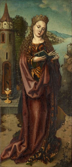 St. Barbara, 1509, mixed media on wood, 71.7 x 31.1 cm, unmarked, however, dated and inscribed on the reverse: Anno 1 • 5 • 0 • 9 Jor •, • vff • the • four • day • of •, • mint • do • is • ver •, • divorced • barbel • young, •, man • the • got • genius •, • vnd • barmhertzig • sig, Basler Meister, 16. Jh.