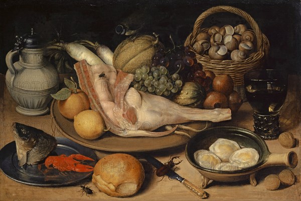 Still Life with Veal Leg, Insects and Tit, c. 1615 (?), Oil on canvas, 44.5 x 66.2 cm, unspecified, Georg Flegel, Olmütz 1566–1638 Frankfurt a. M.