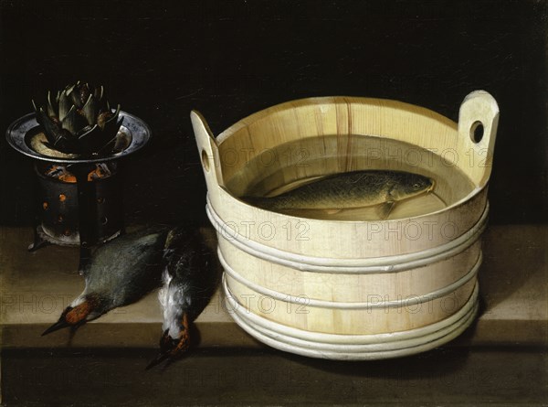 Glowing stove with artichoke, green woodpeckers and aquatic tub with carp, oil on canvas, 54.5 x 72.8 cm, unmarked, Sebastian Stoskopff, Strassburg 1597–1657 Idstein