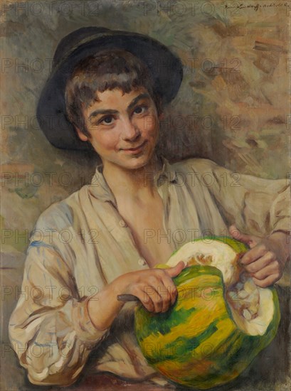 Italian boy with yellow watermelon, 1903, oil on canvas, 68 x 51 cm, signed and inscribed top right: Hans Lendorff., Anticoli C., Hans (Johann) Ludwig Lendorff, Basel 1863–1946 Basel