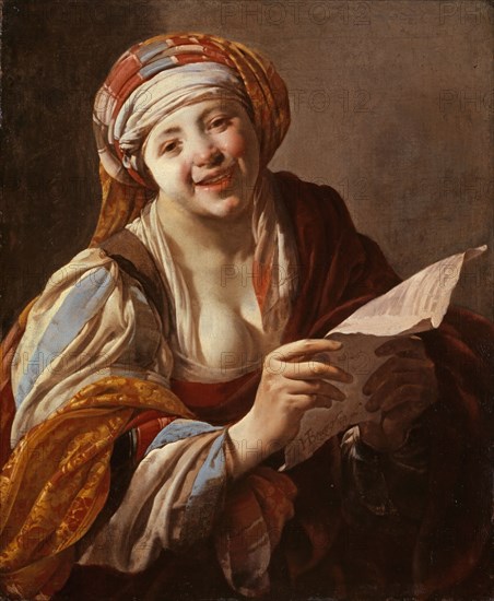 Young Woman with a Text Sheet, 1628, oil on canvas, 78.9 x 65.5 cm, Signed and dated on the sheet: 1628, HTBrugghen f., Hendrick ter Brugghen, Utrecht oder Den Haag 1588–1629 Utrecht