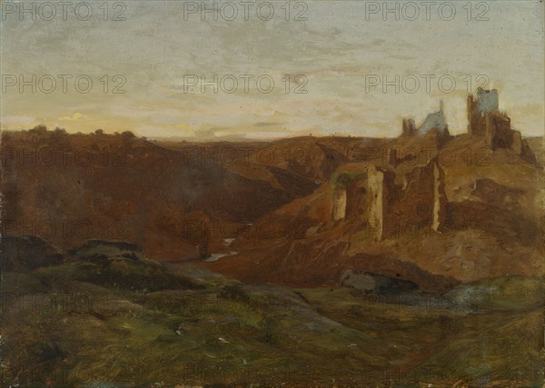 Landscape with ruins, oil on canvas on cardboard, 37.5 x 52.5 cm, monogrammed lower right: G.C., Gustave Castan, Genf 1823–1892 Crozant/Limousin