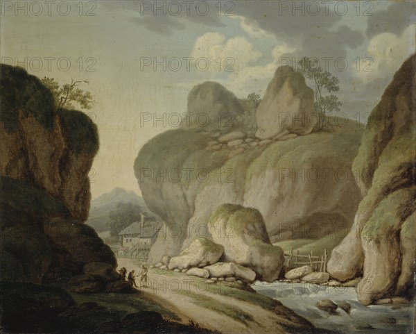 Rocky landscape with creek, oil on canvas, 28.5 x 34.5 cm, Signed and dated on the back, bottom right with black ink: Nepo Wocher including a sign and unreadable writing, Johann Nepomuk Wocher
