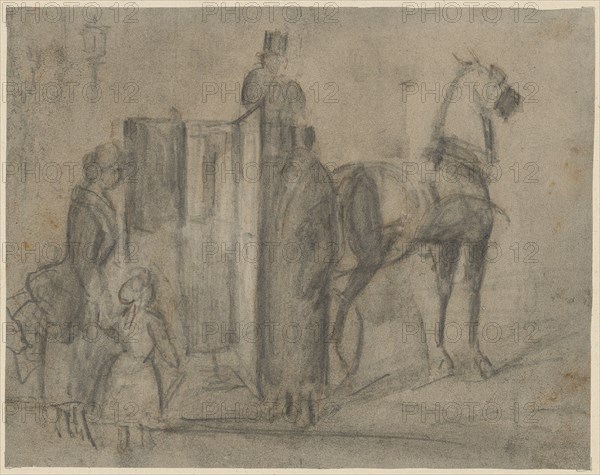 Lady and daughter get into the coach, pencil, wash, sheet: 13.5 x 17.3 cm, not marked, Constantin Guys, Vlissingen 1802–1892 Paris