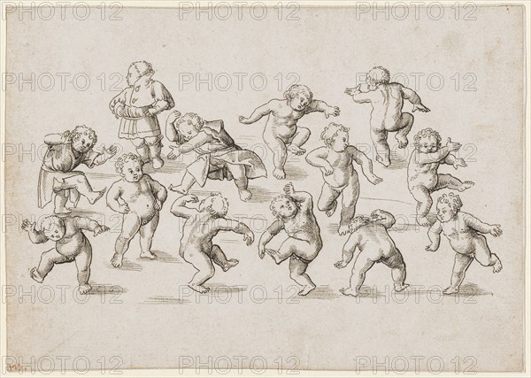 Thirteen Dancing Children, c. 1509/10, Feather in Black, Journal: 15.6 x 21.9 cm, Unmarked, Urs Graf, Solothurn um 1485 – 1527/28
