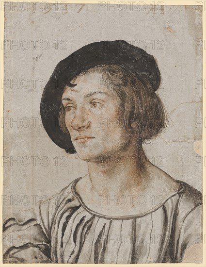 Portrait of a young man, 1517, silver pen, on light gray primed paper, with red chalk and brush in gray, brown and black revised, mounted, sheet: 20.1 x 15.4 cm, O. M. dated with silver pen and monogrammed: 1.5.1.7 AH [ligated], Ambrosius Holbein, Augsburg um 1494 – um 1519 Basel (?)