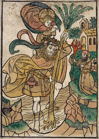 St. Christopher, c. 1480, woodcut, colored (unique), unique, folia: 19 x 13.6 cm, Anonym, Oberrhein, 15. Jh.