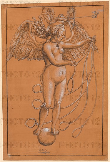 Mrs. Venus, c. 1512, feather in black, heightened with white, on brown-green primed paper, folia: 31, 31.8 x 21 cm /21.5 cm, signed monogram: N.M.D ., underlying dagger, Niklaus Manuel gen. Deutsch, Bern um 1484–1530 Bern