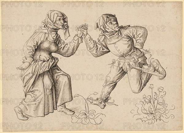 Dancing Farmer Couple, Early 16th C., Feather in Black Brown, Leaf: 15.7 x 21.5 cm, Unrecorded, Anonym, Oberrhein (Basel?), Anfang 16. Jh.