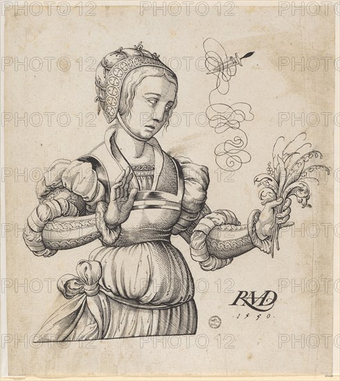 Young girl to the right with a bouquet of lilies of the valley in hand, 1550, feather in black, leaf: 21.7 x 19.3 cm, U. r., monogrammed and dated: RMD, 1550 ., o. r., Dagger with a bow, Hans Rudolf Manuel gen. Deutsch, Erlach/Bern 1525–1571 Morges/Waadt