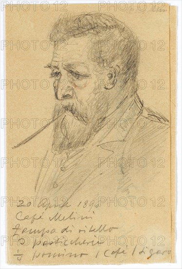 Arnold Böcklin in the Café Melini, Florence, smoking a cigar, 1896, pencil, sheet: 10.8 x 6.9 cm |, Leaf: 10.8 x 14 cm (total mass, unfolded), U. l., Dated and dated in pencil: April 20, 1896, Café Melini, Zampa di Vitello, J pasticcherie, 1/4 pomino l Café l Sigaro, Anonym, 19. Jh.