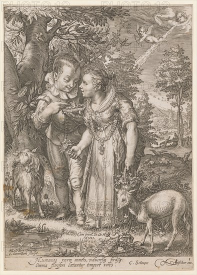 Spring, 1601 (print before 1652), copperplate engraving, sheet: 22.3 x 15.9 cm (trimmed within the edge of the plate), U. l., designated: HGoltzius [HG lig.] Inuent., I. Sanredam sculpt ., u, ., M. l., numbered: 1, u, ., M. inscribed and dated: Cum privil., Sa.Cæ., M., A ° 1601 ., under the picture field Humanas recreo mentes, volucresq [ue] ferasq [ue]:, Omnia floriferi lætantur tempore veris., C. Already [a] eus, u, ., r., numbered and labeled: 1, CIVisscher [CIV lig.] exc., Jan Saenredam, Stecher, Zaandam 1565–1607 Assendelft, Hendrick Goltzius, Inventor, Mühlbrecht 1558–1617 Haarlem, Claes Jansz. Visscher, Verleger, Amsterdam 1586/87–1652 Amsterdam