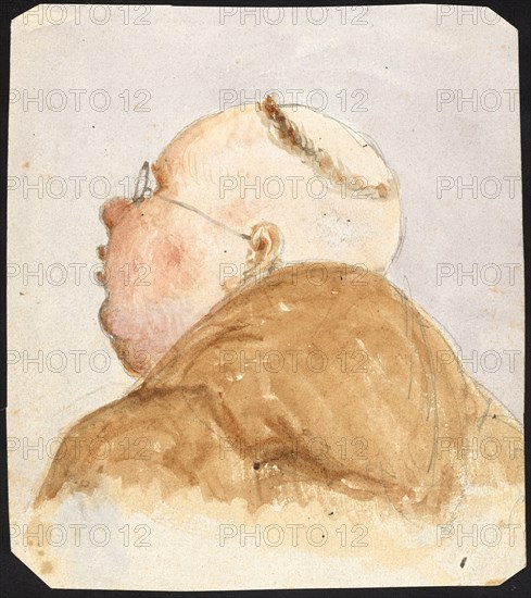 Monk with glasses from behind, pencil, watercolor, sheet: 11.1 x 9.9 cm, Unmarked, Paul Franz Otto, 1839–1927
