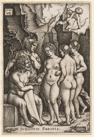 The Judgment of Paris, 1546, copperplate engraving, II. Condition, folio: 7 x 4.8 cm, O. l., dated and monogrammed: 1546, HSB [lig.], u, ., M. denotes: IUDICIVM PARIDIS., Sebald Beham, Nürnberg 1500–1550 Frankfurt a.M.