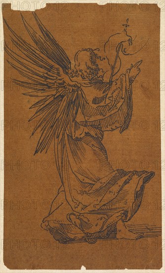 Angel in back view, feather in black, on formerly oiled, today browned paper, mounted, sheet: 13.6 x 8.1 cm, not marked, Anonym, Süddeutschland, 1. Hälfte 16. Jh.