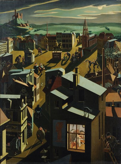 German small town at night, 1923, oil on board, 100 x 75 cm, signed and dated lower left: Georg Scholz., 1923, inscribed on the back by the artist: German small town by night painted by Georg Scholz to Grötzingen, Amt Durlach (Baden) in 1923 (IX.), Georg Scholz, Wolfenbüttel 1890–1945 Waldkirch