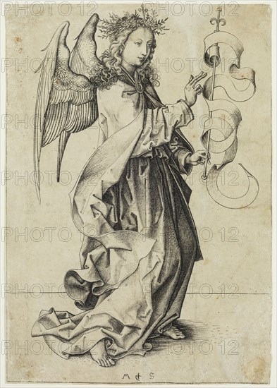 Martin Schongauer, German, 1450-1491, The Angel of the Annunciation, between 1490 and 1491, engraving printed in black ink on laid paper, Sheet (trimmed within plate mark): 6 5/8 × 4 5/8 inches (16.8 × 11.7 cm)