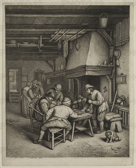 Jonas Suyderhoef, Dutch, 1613-1686, after Adriaen van Ostade, Dutch, 1610-1685, Peasant Interior with Tric Trac Players, between 1613 and 1686, engraving printed in black ink on laid paper, Plate: 12 3/4 × 11 inches (32.4 × 27.9 cm)