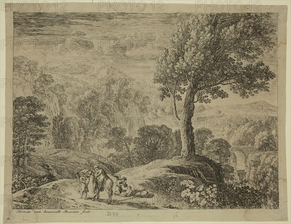 Herman van Swanevelt, Dutch, 1600-1655, Flight into Egypt, between 1600 and 1655, etching and engraving printed in black ink on laid paper, Plate: 8 1/4 × 10 3/4 inches (21 × 27.3 cm)