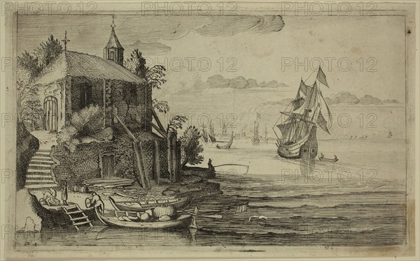 Jan van de Velde, Dutch, 1593-1641, after Cornelis Claesz van Wieringen, Dutch, c.1580 - 1633, A Chapel by the Sea, 17th century, etching printed in black ink on cream laid paper, Plate: 4 7/8 × 8 inches (12.4 × 20.3 cm)