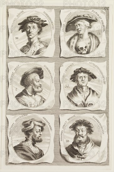 Jacob von Sandrart, German, 1630-1708, Portraits of Barthel Beham, Jakob Binck, Georg Pencz, Mattias Grunewald, Christophe Ambergerus, and Johannes Sebalt Beham, ca. 1683, engraving printed in black ink on laid paper, Plate: 12 3/8 × 8 1/8 inches (31.4 × 20.6 cm)