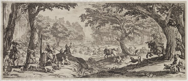 Jacques Callot, French, 1592-1635, La grande chasse, between 1621 and 1635, etching printed in black ink on cream laid paper, Plate: 7 3/4 × 18 3/8 inches (19.7 × 46.7 cm)