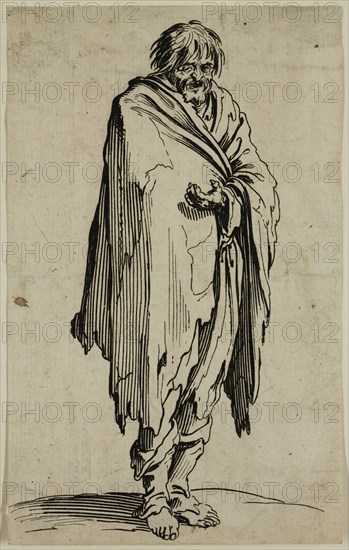 Jacques Callot, French, 1592-1635, Le mendiante a la tete decouverte, early 17th century, etching printed in black ink on laid paper, Sheet (trimmed within plate mark): 5 3/8 × 3 1/4 inches (13.7 × 8.3 cm)