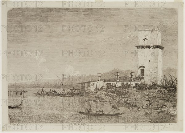 Canaletto, Italian, 1697-1768, The Tower of Malghera, between 1735 and 1746, etching printed in black ink on laid paper, Plate: 11 7/8 × 17 inches (30.2 × 43.2 cm)