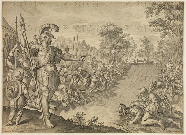 after Marten de Vos, Netherlandish, 1532-1603, Gideon Separating His Army by the Drinking Test, mid-16th century, engraving printed in black ink on laid paper, Sheet (trimmed within plate mark): 14 5/8 × 20 1/8 inches (37.1 × 51.1 cm)