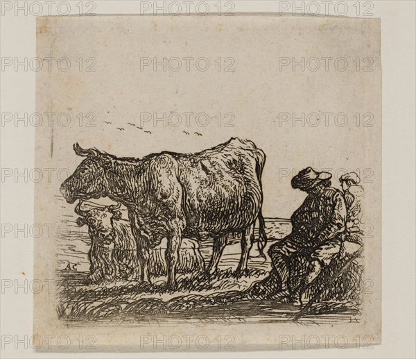 Aelbert Cuyp, Dutch, 1620-1691, Cows, between 1620 and 1691, etching printed in black ink on laid paper, Plate: 2 3/4 × 2 7/8 inches (7 × 7.3 cm)