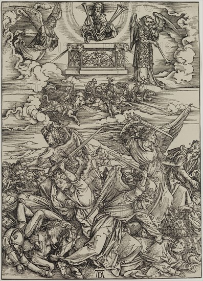 Albrecht Dürer, German, 1471-1528, The Four Avenging Angels, between 1496 and 1498, woodcut printed in black ink on laid paper, Sheet (trimmed to image edge): 15 1/2 × 11 1/8 inches (39.4 × 28.3 cm)