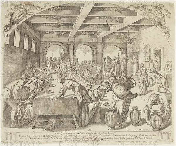 Odoardo Fialetti, Italian, 1573-1638, after Tintoretto, Italian, 1519-1594, Marriage in Cana, 1573, etching printed in black ink on laid paper, Plate: 14 1/4 × 17 1/4 inches (36.2 × 43.8 cm)