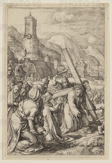 Hendrick Goltzius, Dutch, 1558-1617, Christ Carrying the Cross, between 1596 and 1599, engraving printed in black ink on laid paper, Plate: 8 × 5 3/8 inches (20.3 × 13.7 cm)