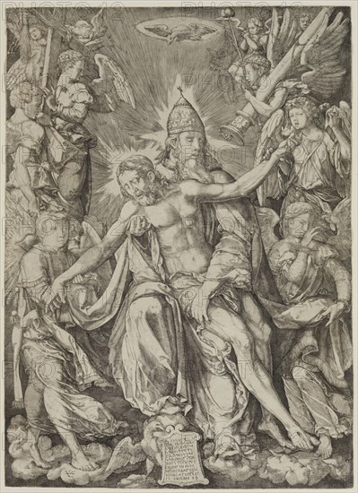 Johann Ladenspelder, German, 1512-1561, The Trinity, 1542, Engraving printed in black on wove paper, sheet (trimmed within plate mark):