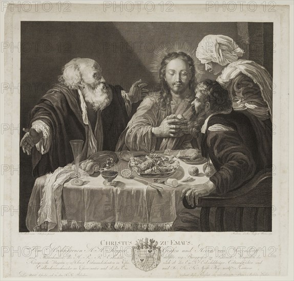 Andreas Leicher, German, 1772-1828, after Bartolomeo Schidone, Italian, 1578-1615, Christ at Emmaus, 1795, engraving printed in black ink on laid paper, Image: 15 5/8 × 18 7/8 inches (39.7 × 47.9 cm)