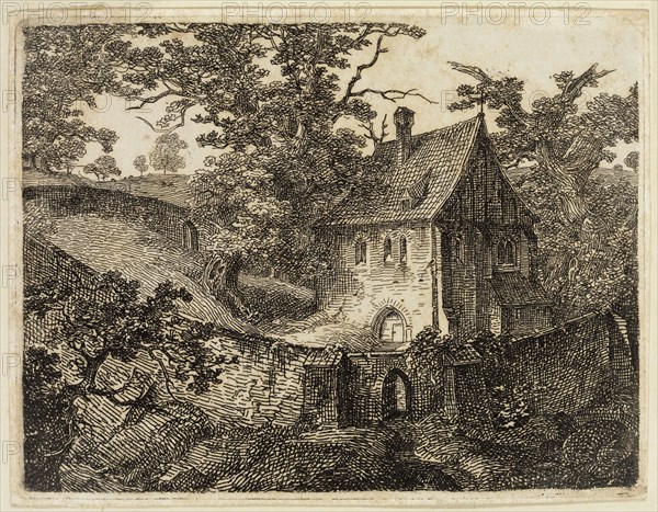 Carl Friedrich Lessing, German, 1808-1880, Old Chapel under the Trees Surrounded by a Wall, 19th century, etching printed in black ink on wove paper, Plate: 3 5/8 × 4 3/4 inches (9.2 × 12.1 cm)