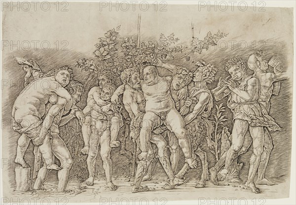 Andrea Mantegna, Italian, 1431-1506, Bacchanal with Silenus, ca. 1490, engraving printed in black ink on laid paper, Sheet (trimmed within plate mark): 12 1/8 × 17 5/8 inches (30.8 × 44.8 cm)