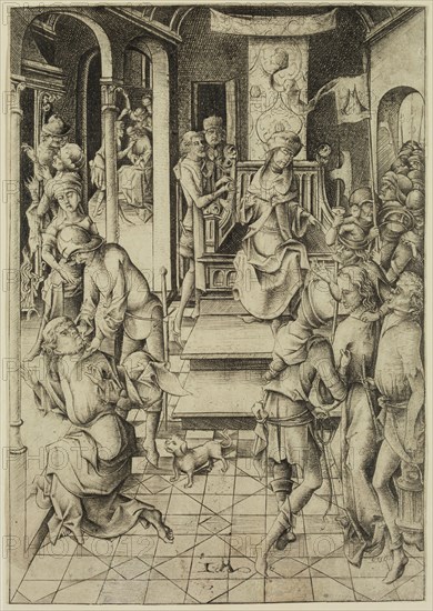 Israhel van Meckenem, German, 1450-1503, Christ before Caiaphas, between 1450 and 1503, engraving printed in black ink on laid paper, Sheet (trimmed within plate mark): 8 1/8 × 5 3/4 inches (20.6 × 14.6 cm)