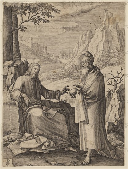 Temptation of Christ, between 1565 and 1637, engraving printed in black ink on laid paper, Sheet (trimmed within plate mark): 7 3/4 × 5 3/4 inches (19.7 × 14.6 cm)
