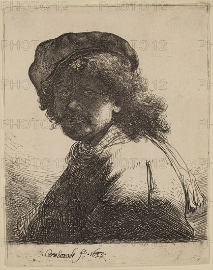 Rembrandt Harmensz van Rijn, Dutch, 1606-1669, Self Portrait in a Cap and Scarf with the Face Dark: Bust, 1633, etching printed in black ink on laid paper, Plate: 5 1/4 × 4 inches (13.3 × 10.2 cm)