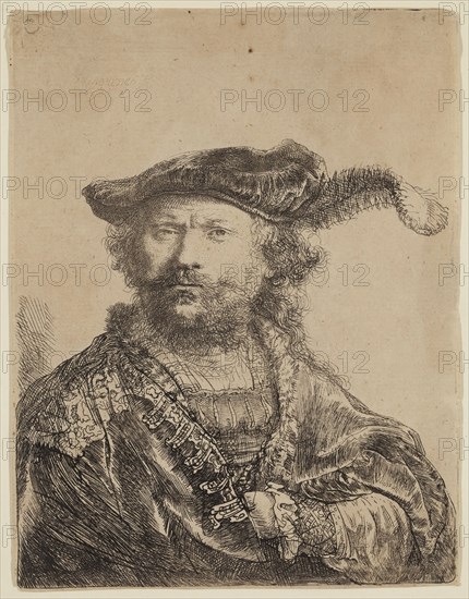 Rembrandt Harmensz van Rijn, Dutch, 1606-1669, Self Portrait in a Velvet Cap with Plume, 1638, etching printed in black ink on laid paper, Sheet (trimmed within platemark): 5 3/8 × 4 1/8 inches (13.7 × 10.5 cm)