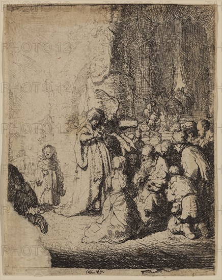Rembrandt Harmensz van Rijn, Dutch, 1606-1669, Presentation in the Temple, 1630, etching printed in black ink on laid paper, Sheet (trimmed within platemark): 4 × 3 1/8 inches (10.2 × 7.9 cm)