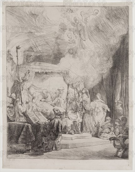 Rembrandt Harmensz van Rijn, Dutch, 1606-1669, Death of the Virgin, 1639, etching and drypoint printed in black ink on laid paper, Plate: 16 1/8 × 12 1/4 inches (41 × 31.1 cm)
