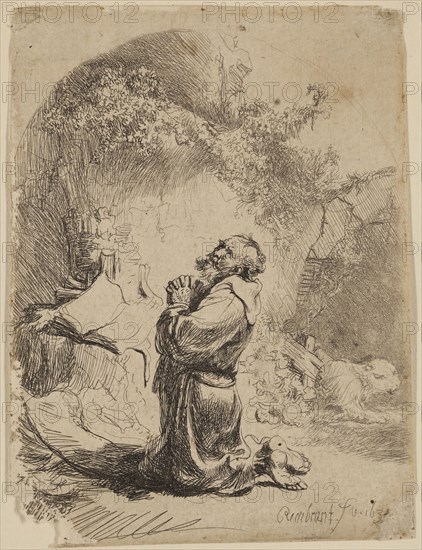Rembrandt Harmensz van Rijn, Dutch, 1606-1669, Saint Jerome Praying: Arched, 1632, etching printed in black ink on laid paper, Sheet: 4 1/4 × 3 1/8 inches (10.8 × 7.9 cm)