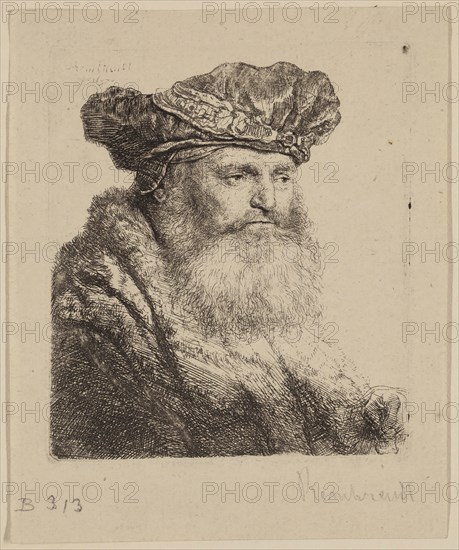 Rembrandt Harmensz van Rijn, Dutch, 1606-1669, Bearded Man in a Velvet Cap with a Jewel Clasp, 1637, etching printed in black ink on laid paper, Plate: 3 3/4 × 3 1/4 inches (9.5 × 8.3 cm)