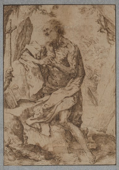 Unknown (Italian), after Guido Reni, Italian, 1575-1642, Saint Jerome in the Wilderness, 17th century, pen and brown ink on dark cream laid paper, Sheet: 8 7/16 × 5 7/8 inches (21.4 × 14.9 cm)